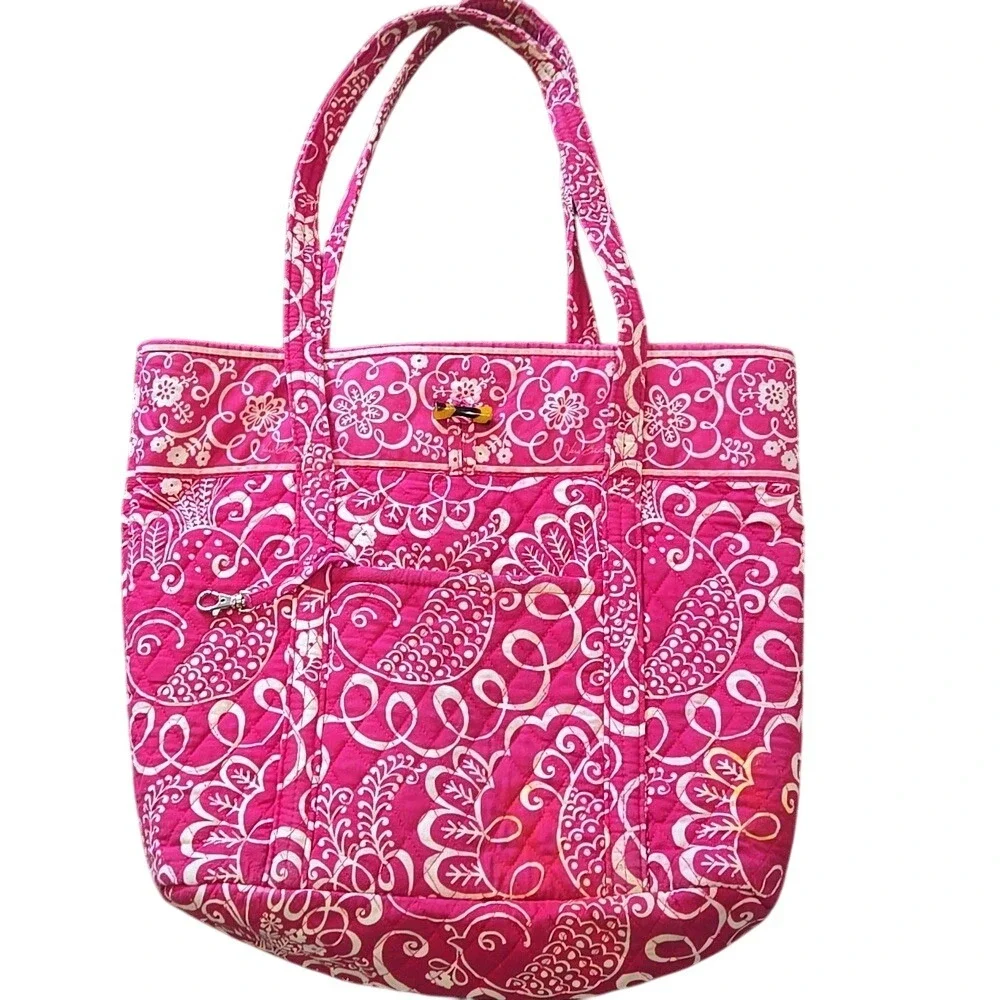 Vera Bradley Large Travel Toggle Tote Double Handle Hot Pink Twirly‎ Bird Print - Picture 3 of 8